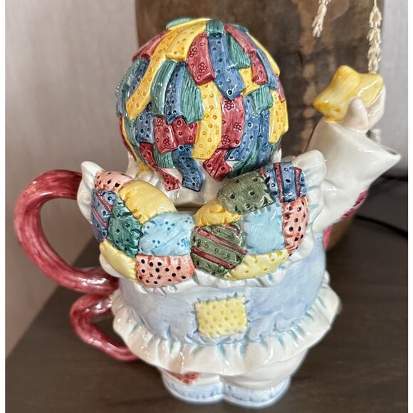 1996 Cosmos Exclusive H.O.L. Rag Doll Girl Teapot & Cup Set Colorful Patchwork - Picture 3 of 8